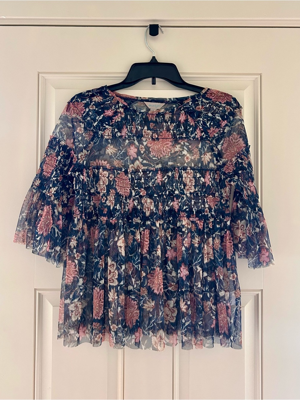 belle sky Navy Floral Smocked Peplum Blouse